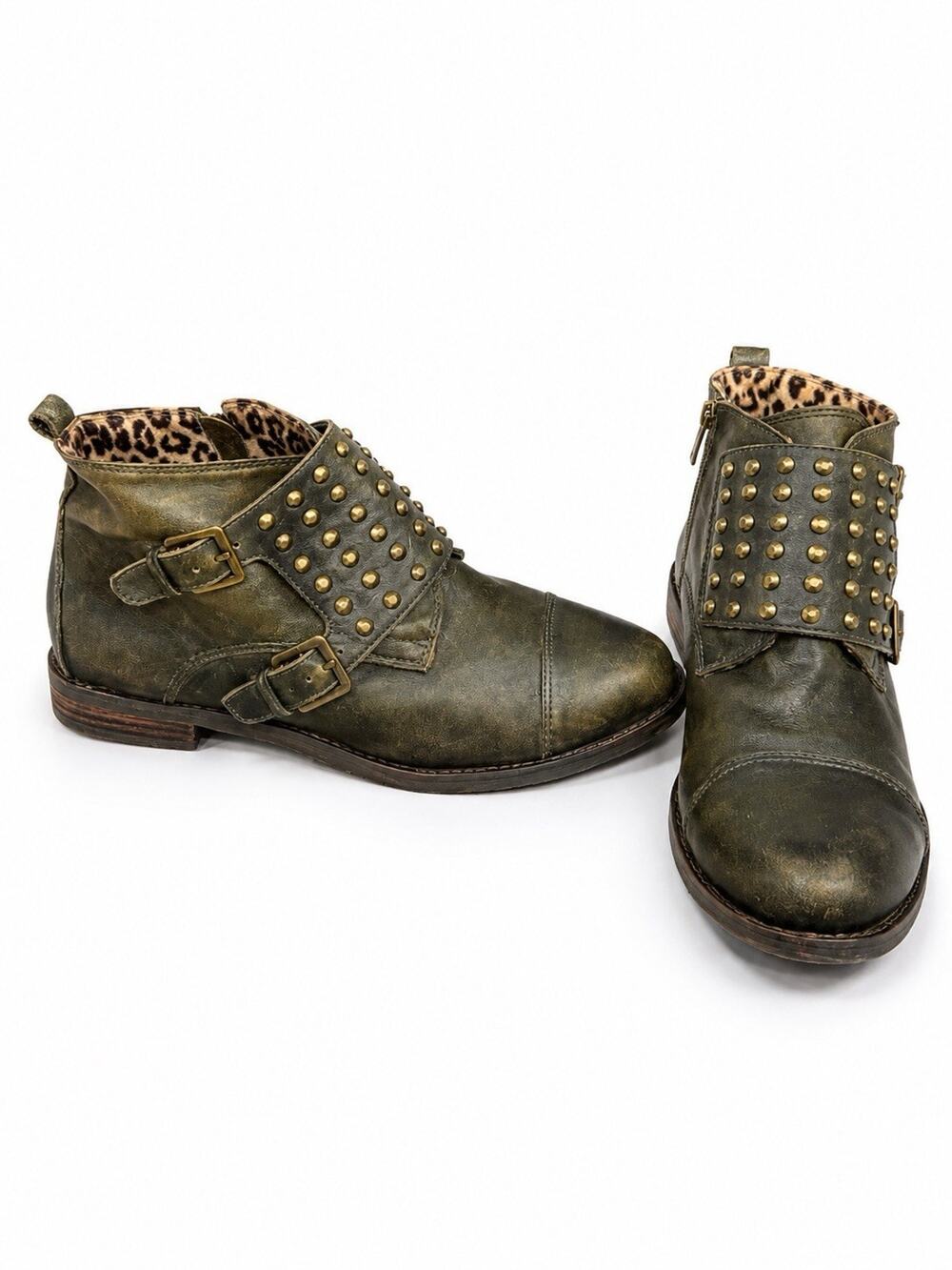 LUCKY BRAND SHOES DOSEY STUDDED FLAT BOOTIES OLIVE GREEN LEATHER ANKLE BOOT 9